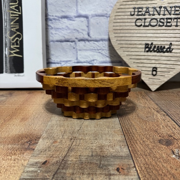 Handmade Wood Pecan Mesquite Scroll Scalloped Honeycomb Decorative Bowl Basket - Picture 1 of 9